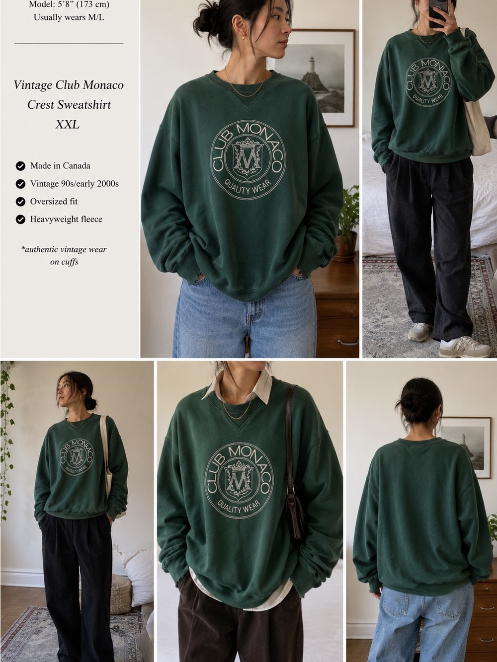 Authentic Vintage Club Monaco Forest Green Crest Sweatshirt XXL Made in Canada